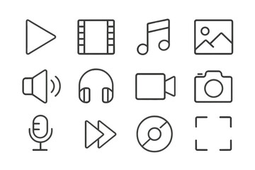 Vector illustration icons representing multimedia activities including audio, video, and image capture in an organized layout