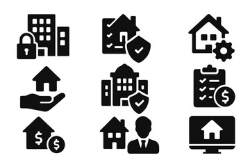 Vector illustration icons representing real estate, property management, and security features for residential and commercial buildings