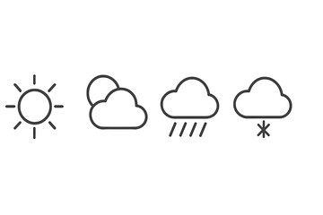 Weather symbols representing sun, clouds, rain, and snow in a minimalist vector illustration style
