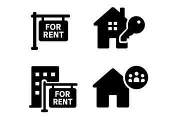 Vector illustration of rental icons depicting properties available for lease with keys and groups of people