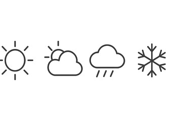 Weather icons representing sun, partly cloudy, rain, and snow in a minimalist vector illustration style