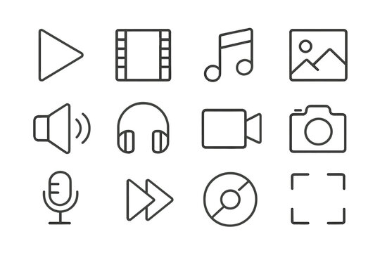 Vector illustration icons representing multimedia activities including audio, video, and image capture in an organized layout