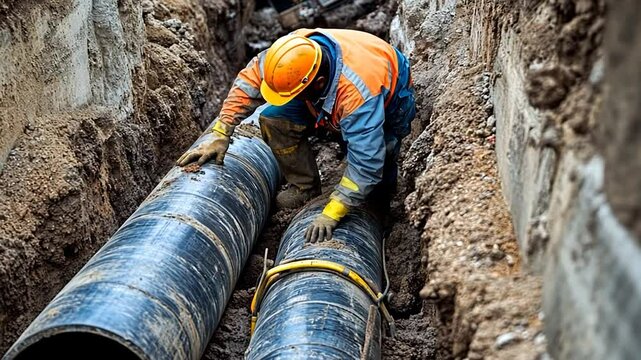 Construction worker inspects pipelines in trench wearing safety gear