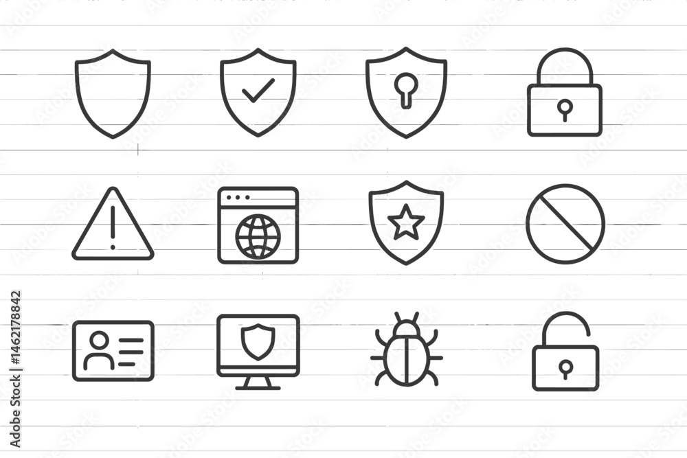 Poster vector illustration icons depicting various security symbols and cybersecurity elements for visual c