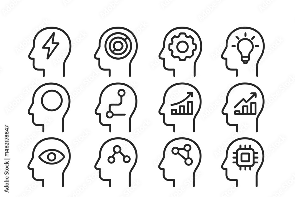 Poster creative vector illustration of diverse thinking concepts featuring brain icons representing ideas a