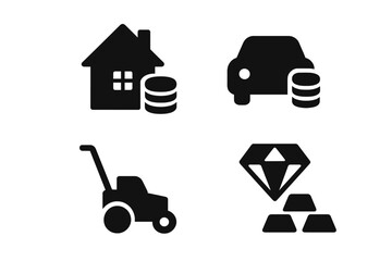 Vector illustration showing various financial assets including a house, car, lawnmower, and precious metals