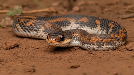 Obraz premium Close-Up of Colorful Snake on Soil Background in Natural Habitat