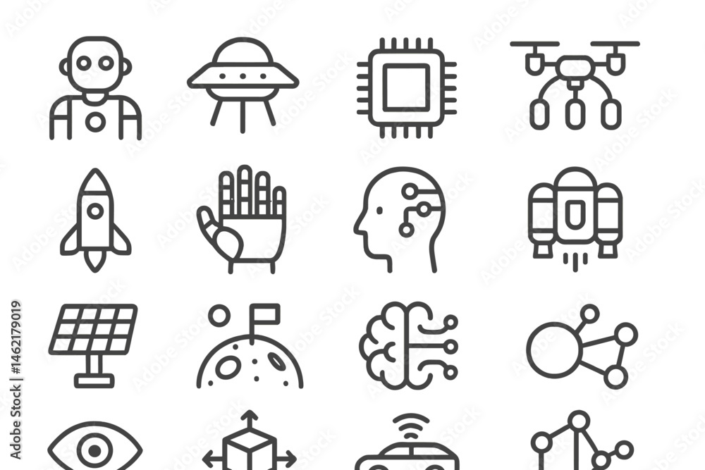 Aufkleber vector illustration featuring various technology icons representing innovation and science concepts