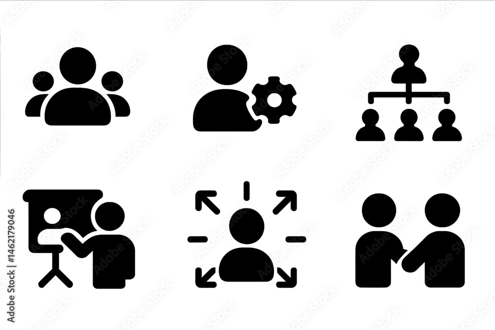 Poster vector illustration icons depicting various aspects of teamwork and collaboration in a professional 