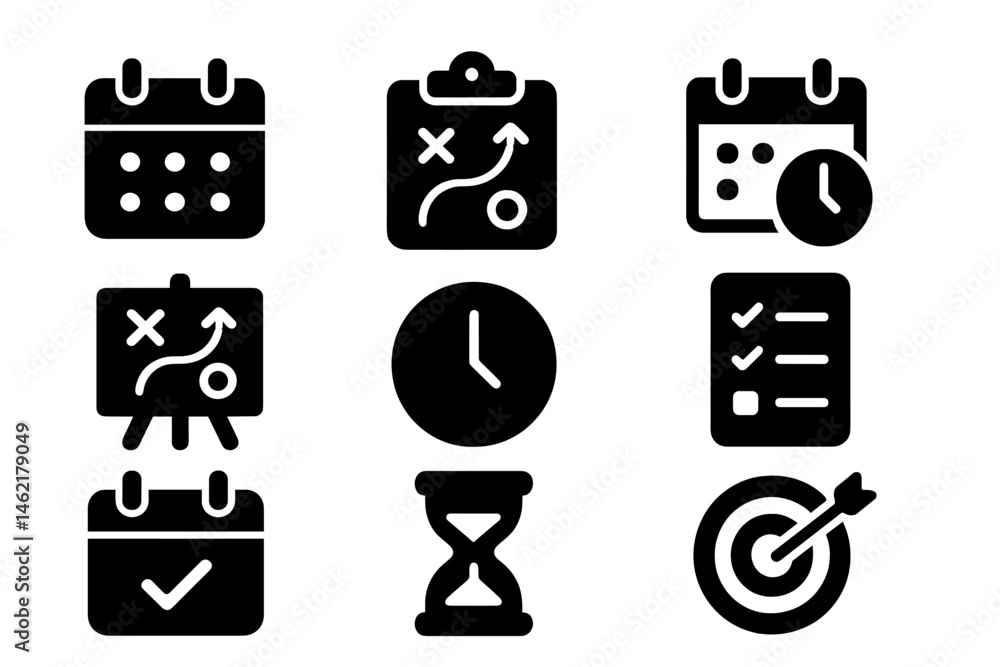 Poster illustration features a collection of vector icons representing essential planning tools such as cal