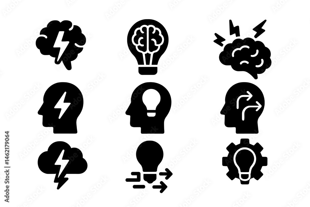 Poster creative vector illustrations depicting various concepts of thought and innovation featuring light b