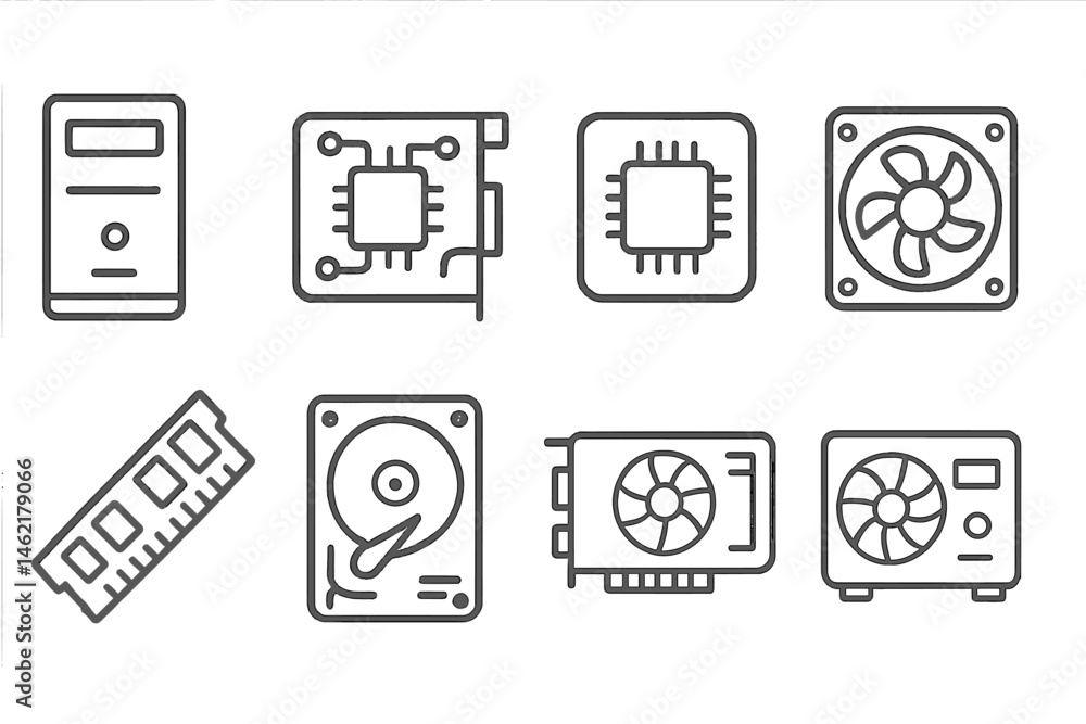 Poster vector illustration of computer components including motherboard, ram, graphics card, and cooling fa