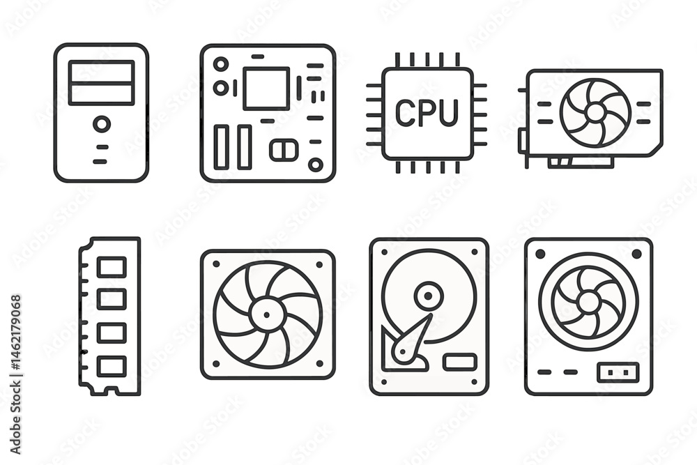 Poster vector illustration of computer hardware components including cpu, motherboard, and storage devices 