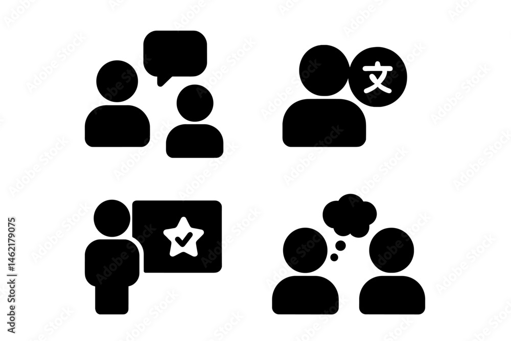 Poster vector illustration icons depicting language learning activities and social interaction in a classro