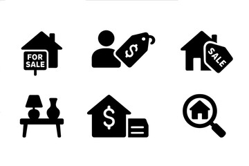 Vector illustration icons representing real estate activities such as property sale, pricing, and home searching in a minimalistic style