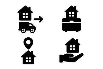 Vector illustration of moving process featuring house, truck, toolbox, location pin, and hand holding house