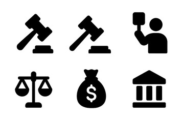 Icons representing law and justice, including gavel, scales, money bag, and courthouse in vector illustration format