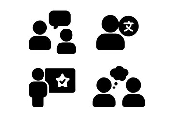 Vector illustration icons depicting language learning activities and social interaction in a classroom or educational setting