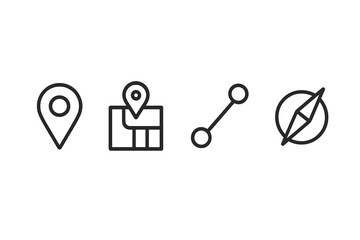 Vector illustration icons depicting location marker, map, route, and compass symbol for navigation and travel purposes