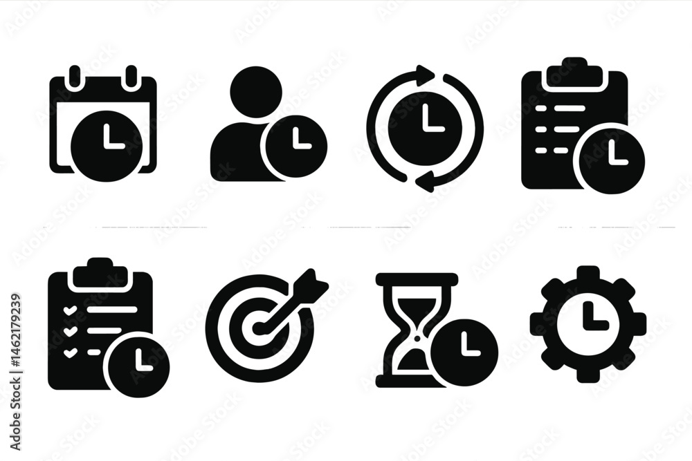Poster vector illustration icons representing time management concepts including scheduling, productivity, 