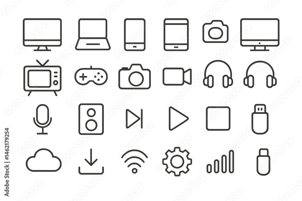 Poster vector illustration of various technology icons representing modern electronic devices and media too