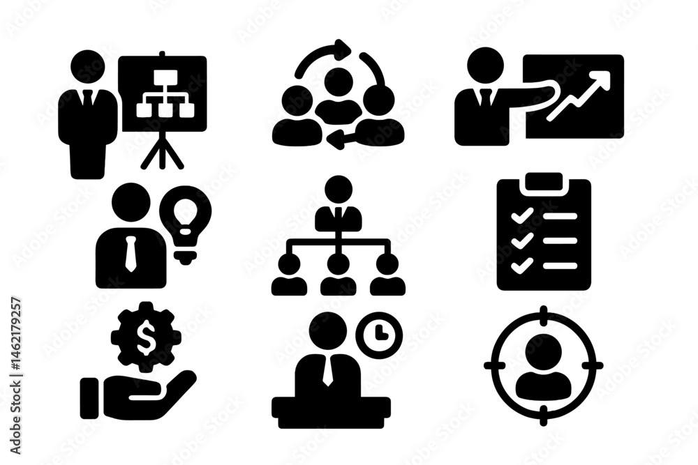 Poster vector icon collection depicting business concepts, teamwork, and management activities suitable for