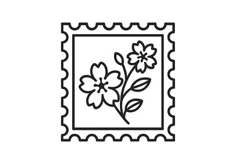 Vector illustration of a floral stamp design featuring two flowers and leaves in a decorative outline