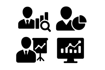 Business icons featuring analysis, reporting, and presentation for professional settings