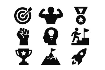 Motivational vector icons representing success, achievement, and personal growth in various activities and concepts