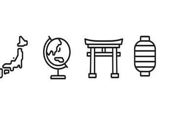 Vector illustration icons showcasing cultural symbols and geographical elements of Japan including map, globe, torii gate, and lantern