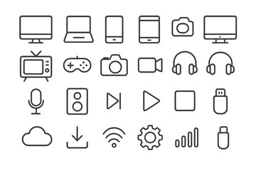 Vector illustration of various technology icons representing modern electronic devices and media tools in a minimalistic design