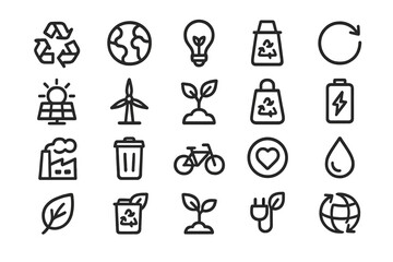 Vector illustration collection featuring eco-friendly icons related to sustainability and renewable energy concepts