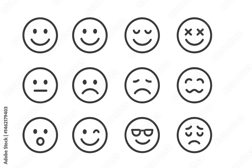 Aufkleber vector illustration of various facial expressions displayed in a grid layout conveying emotions and 
