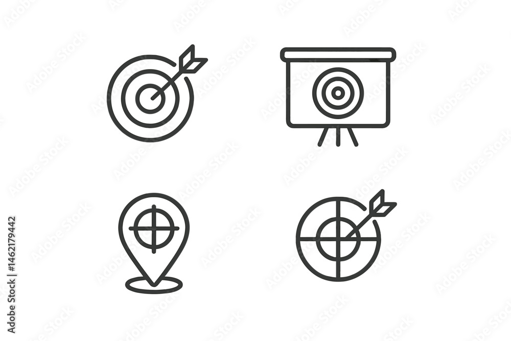 Poster vector illustration icons showing targets, presentations, and location markers for goal setting and 