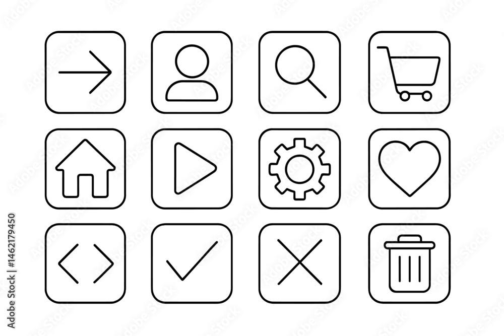 Poster vector illustration of user interface icons representing navigation, social interaction, and media t