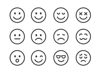 Vector illustration of various facial expressions displayed in a grid layout conveying emotions and reactions