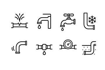 Vector illustration icons depicting various plumbing elements, including pipes, taps, and gauges commonly seen in plumbing systems