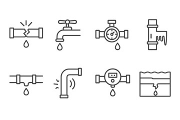 Vector illustrations of plumbing icons showcasing leaks, faucets, and gauges in a simplified design style