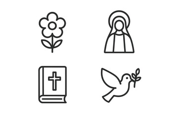 Vector illustration of religious symbols featuring a flower, a saint, a Bible, and a dove, representing peace and faith