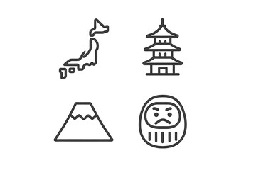 Vector illustration of Japanese cultural symbols featuring a map, temple, mountain, and Daruma doll in simple design
