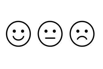 Vector illustration of three emotive faces representing happiness, neutrality, and sadness in a simple design