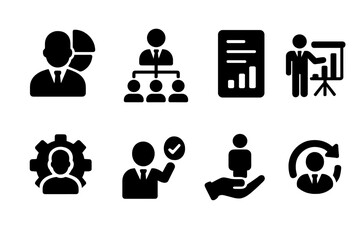 Vector illustration of business management concepts in black and white style showing teamwork, analytics, and presentations