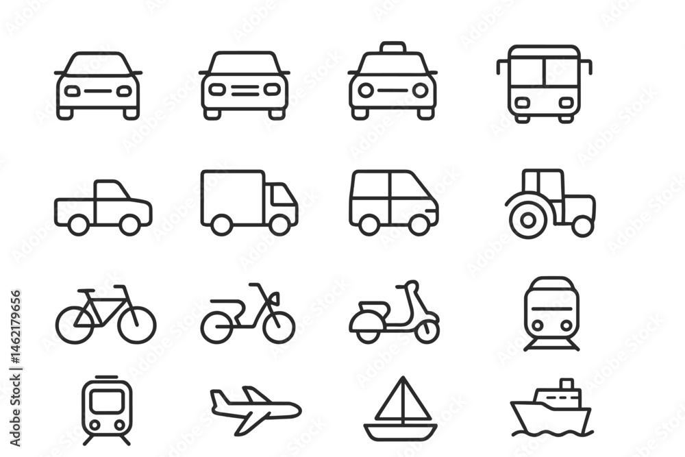 Poster collection of vector icons representing various modes of transportation displayed in a neat grid lay