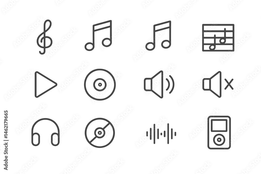 Poster collection of music-related vector icons depicting notes, playback, volume controls, headphones, and