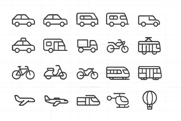 Vector illustration icons of various transportation methods including cars, bicycles, and aircraft in a simple design