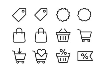 Vector illustration icons depicting shopping elements including tags, bags, and carts for ecommerce and retail activities