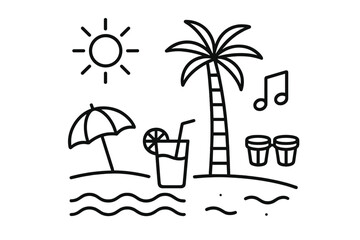 Vector illustration of a tropical beach scene featuring a sun, palm tree, drinks, and music notes that captures a relaxed summer vibe