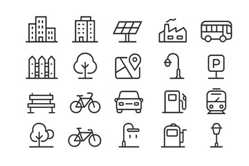 Vector illustration icons depicting urban elements, transportation, and renewable energy in simple line art style