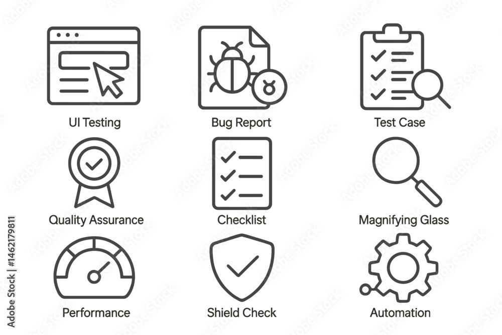 Poster vector illustration icons representing various aspects of software testing and quality assurance in 