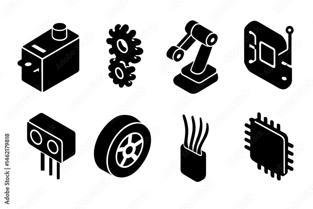 Poster vector illustration icon set displaying various technology and engineering elements including gears,